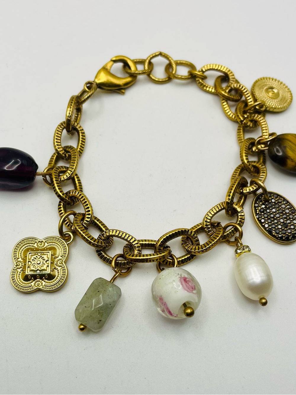 Chico's Gold-Tone Multi Charm Bracelet with White Pearl, Tigers eye Bead. 8 inch